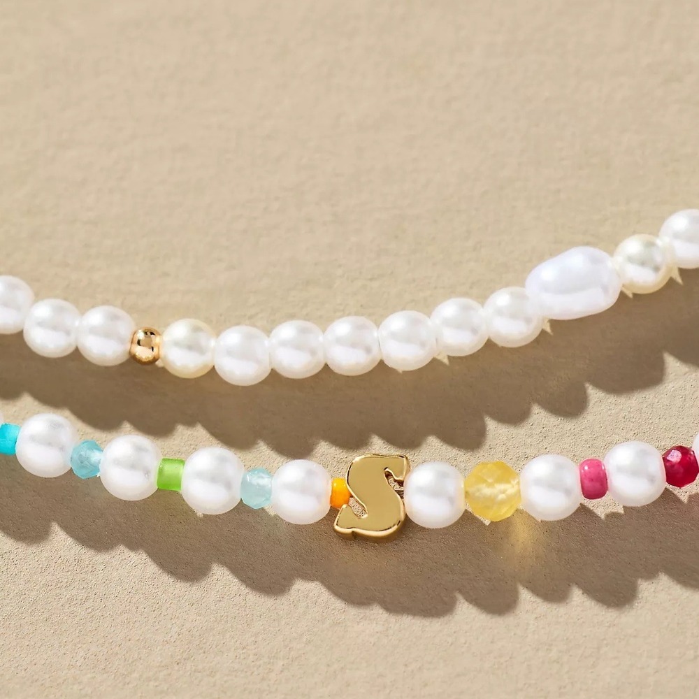 Pearl Beaded Bubble Letter Lowercase Monogram Necklaces, Set of 2 - S - NWT‎